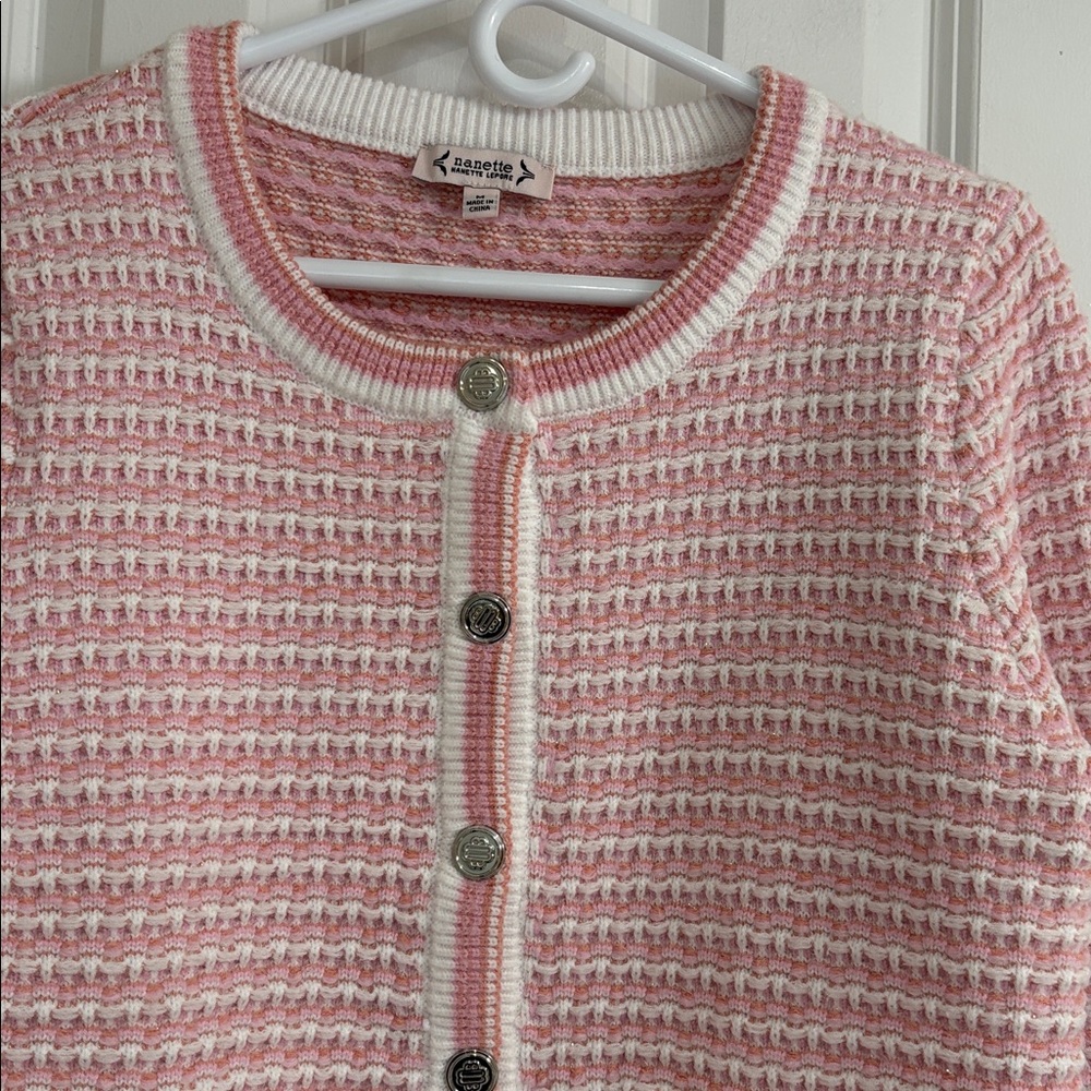 Nanette Feminine Pink and White Cardigan/Blazer with Silver Buttons - Picture 3 of 10